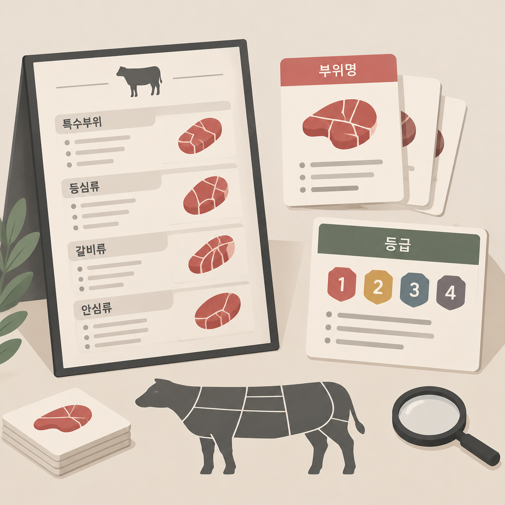AI 생성 설명 이미지: 안산일동한우 유니드정육식당 | 한우특수부위에서 부위명과 등급을 따로 읽는 법